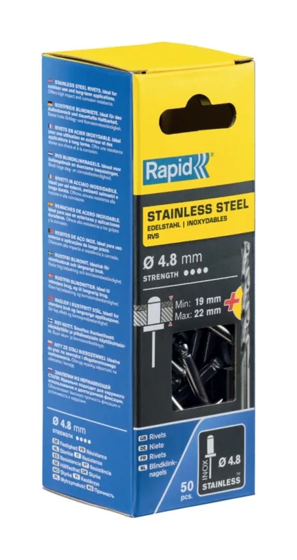 Rapid 5000398 Rivets aveugles en acier inoxydable Ø4.8 x 25 mm 50 pièces