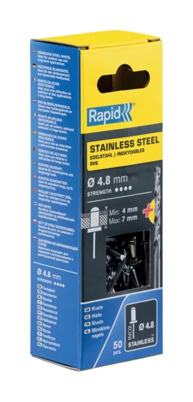 Rapid 5000396 Rivets aveugles en acier inoxydable Ø4.8 x 10 mm 50 pièces