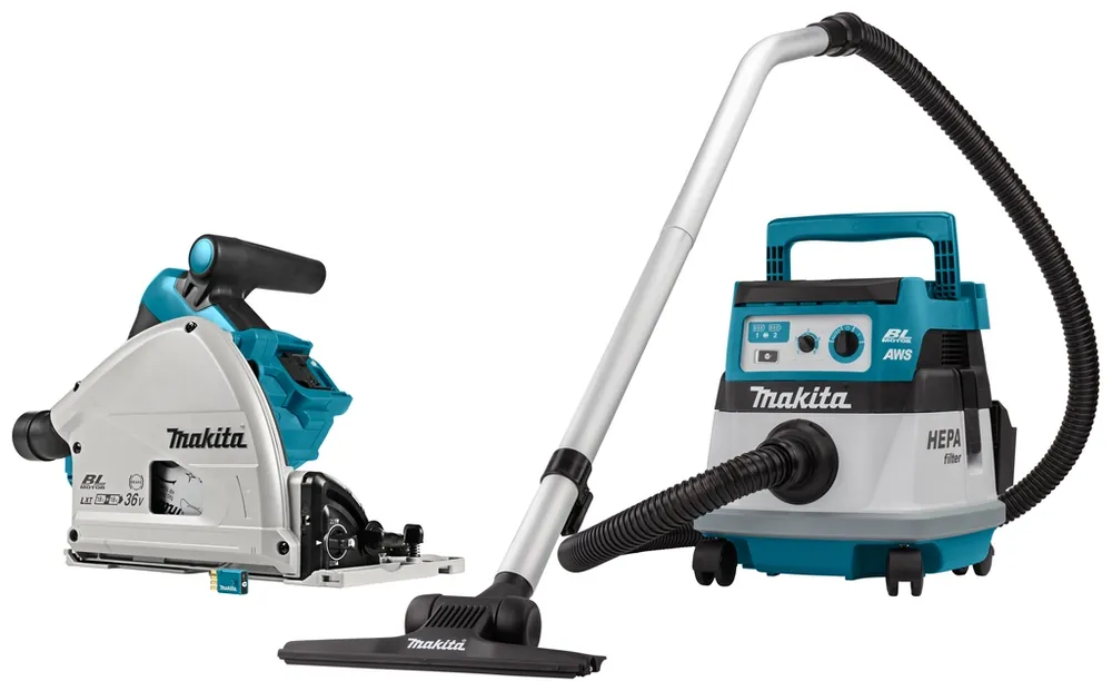 Makita DLX2384UX1 set combiné 2 x 18V avec AWS - DSP601 scie plongeante DVC867L aspirateur sans batteries et chargeur