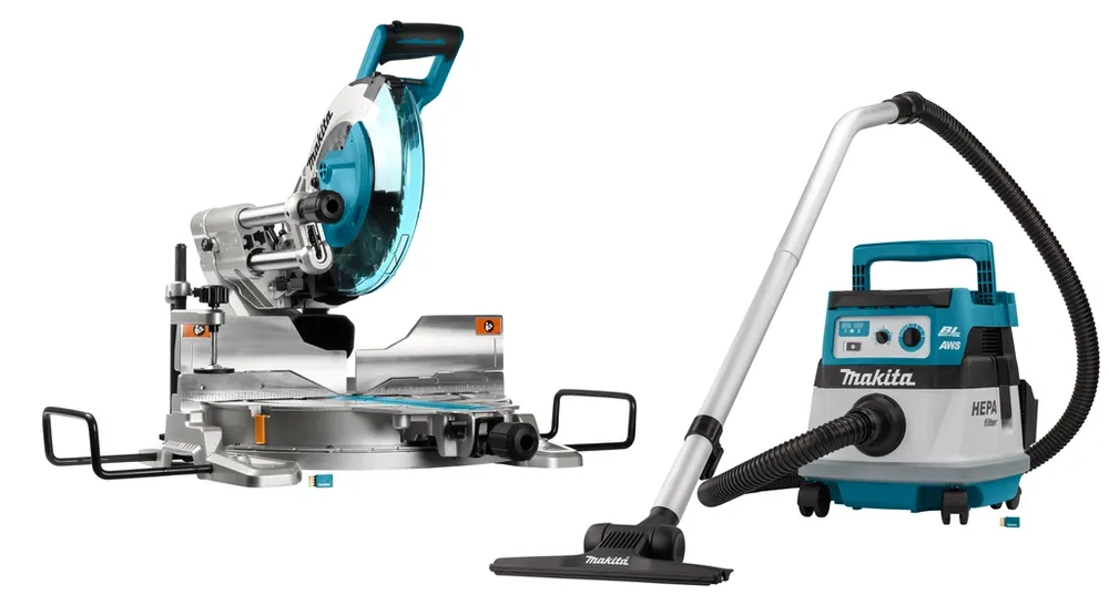 Makita DLX2386UX1 set combiné 2 x 18V avec AWS - DLS111 tronçonneuse DVC867L aspirateur sans batteries et chargeur