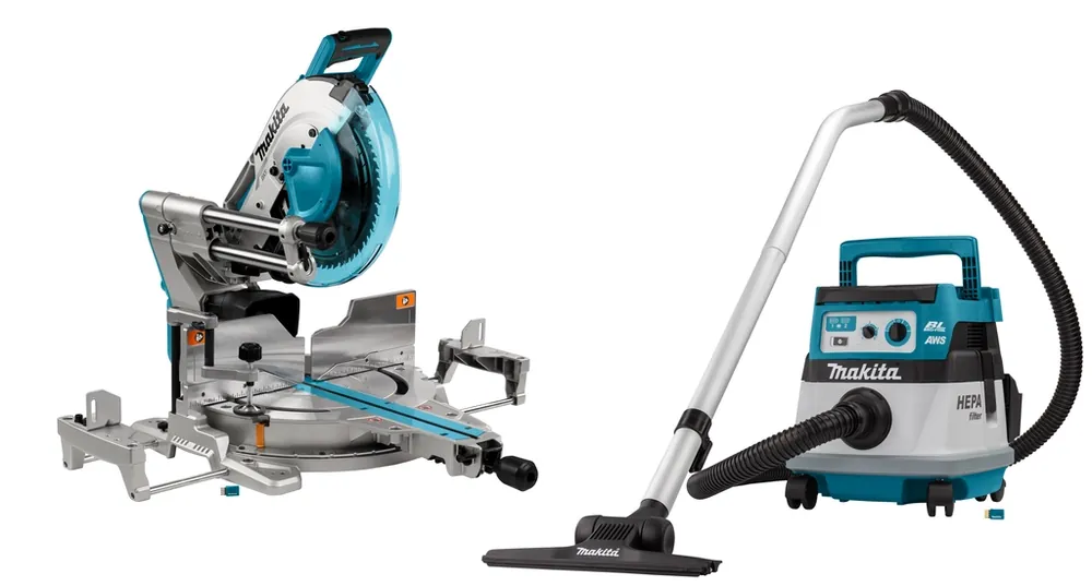 Makita DLX2387UX1 set combiné 2 x 18V avec AWS - DLS211 tronçonneuse DVC867L aspirateur sans batteries et chargeur