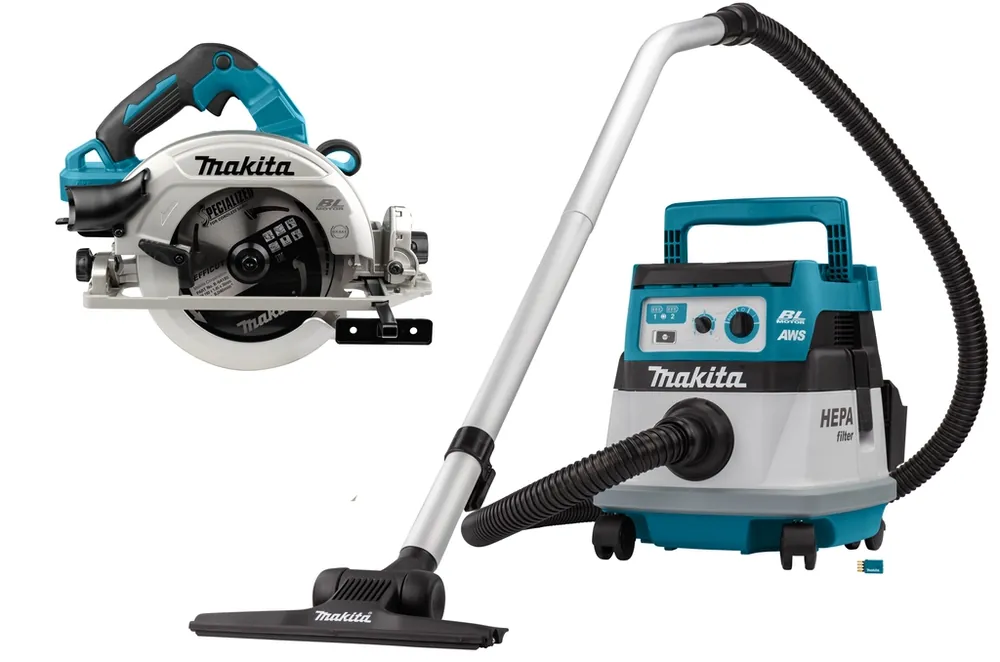 Makita DLX2389UX1 set combiné 2 x 18V avec AWS - DHS783 scie circulaire 190mm DVC867L aspirateur sans batteries et chargeur