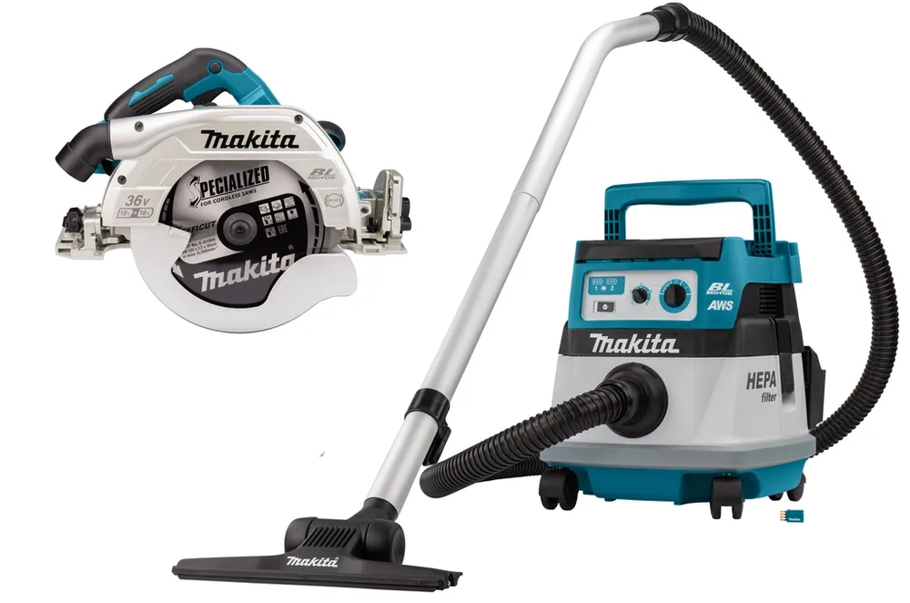 Makita DLX2390UX1 set combiné 2 x 18V avec AWS - DHS900 scie circulaire 235mm DVC867L aspirateur sans batteries et chargeur