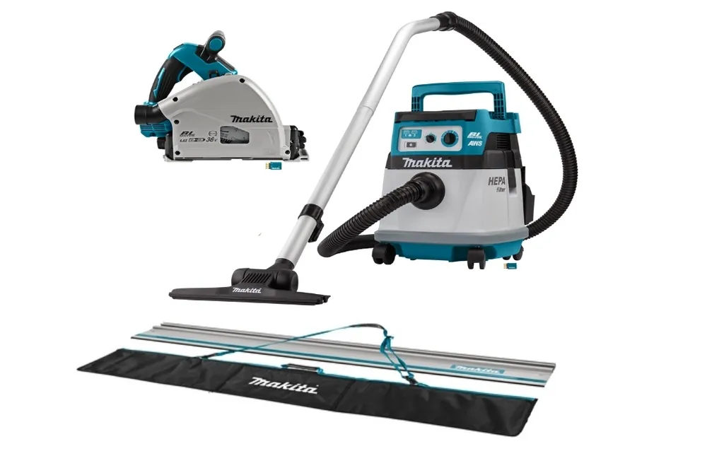 Makita DLX2377UX1 set combiné 2 x 18V avec AWS - DSP601 scie plongeante DVC157L rail de guidage d‘‘aspirateur dans le sac sans batteries et chargeur