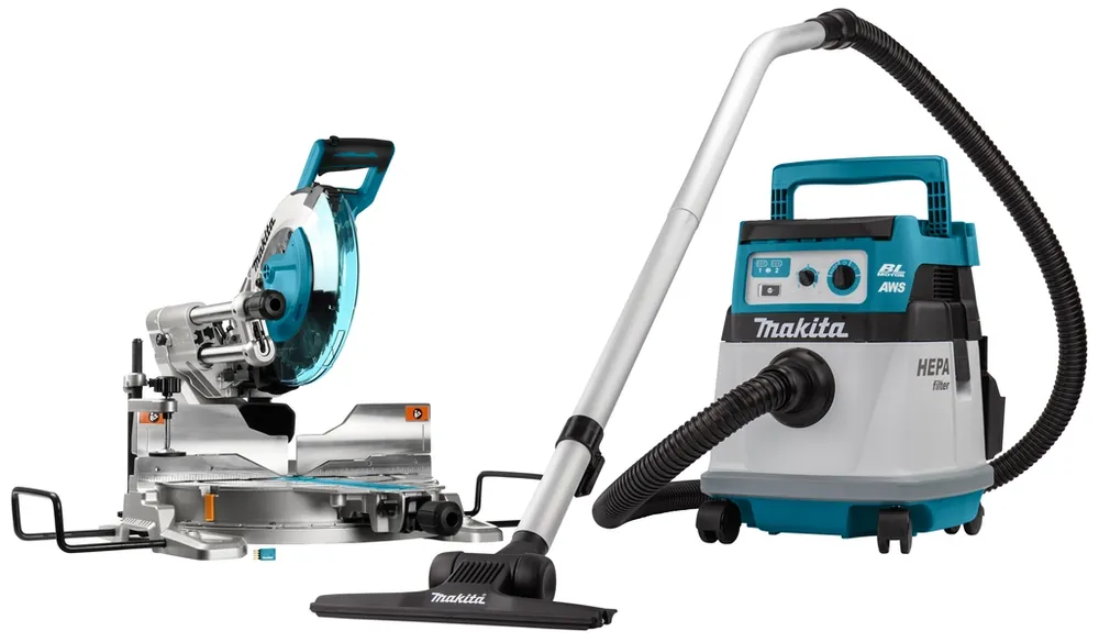 Makita DLX2379UX1 set combiné 2 x 18V avec AWS - DLS111 tronçonneuse DVC157L aspirateur sans batteries et chargeur