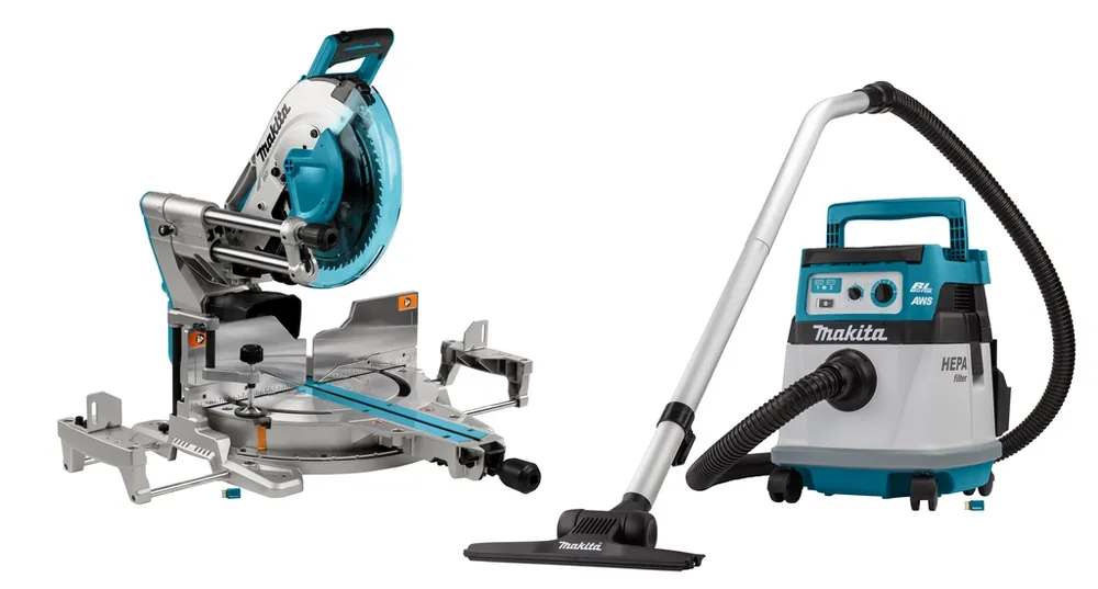Makita DLX2380UX1 set combiné 2 x 18V avec AWS - DLS211 tronçonneuse DVC157L aspirateur sans batteries et chargeur