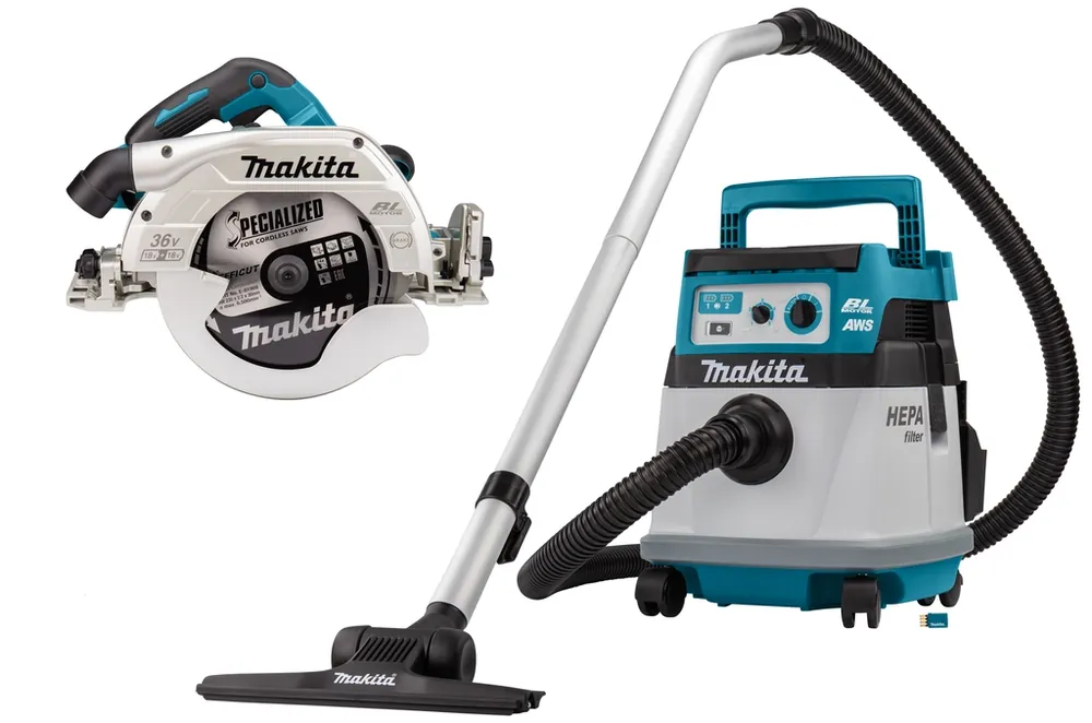Makita DLX2383UX1 set combiné 2 x 18V avec AWS - DHS900 scie circulaire 235mm DVC157L aspirateur sans batteries et chargeur