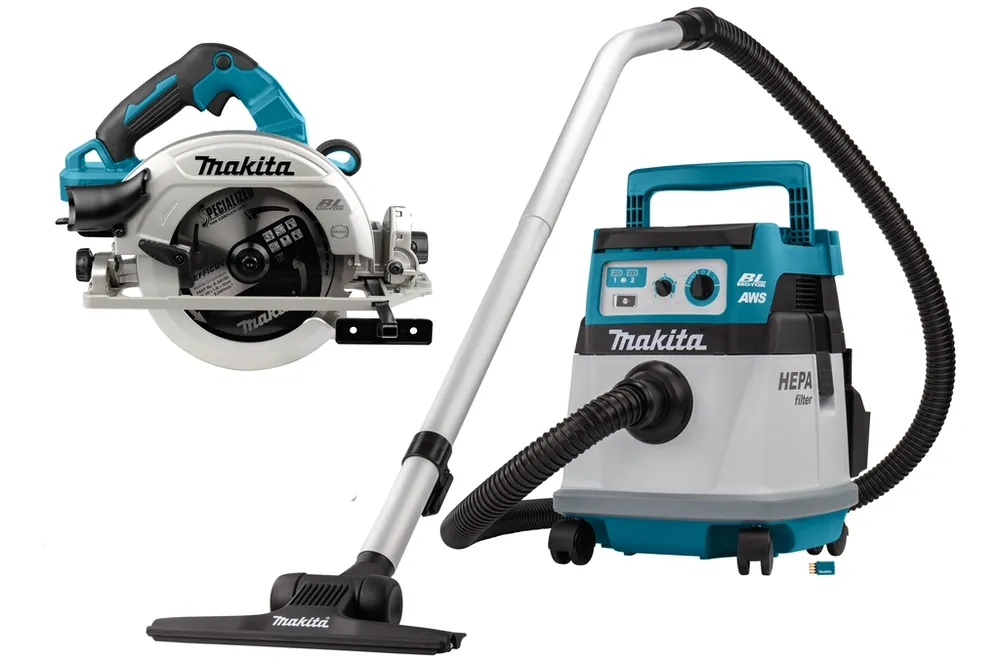 Makita DLX2382UX1 set combiné 2 x 18V avec AWS - DHS783 scie circulaire 190mm DVC157L aspirateur sans batteries et chargeur