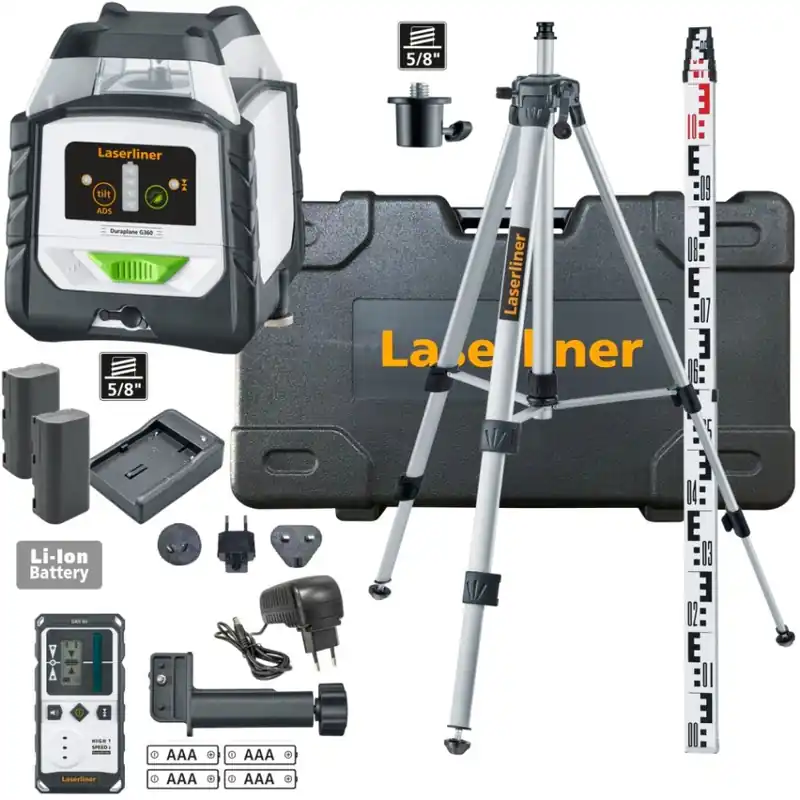 Laserliner 052.555A DuraPlane G360 RX Laser à ligne verte horizontale à 360 degrés avec récepteur RangeXtender G60, pince CrossGrip, trépied de 175 cm et tige de nivellement de 3 m.