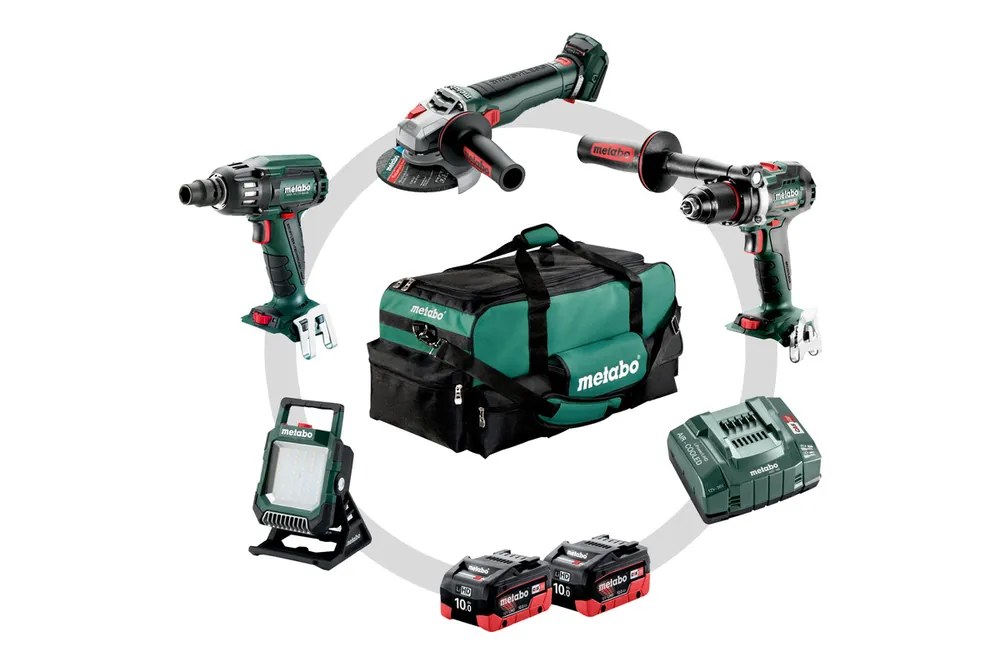 Metabo 685209000 Combo Set 4.3.2 LiHD 18V 10.0Ah - Perceuse à batterie BS18LTX BL I + Meuleuse WB18LT BL + Clé à chocs SSW18LTX400 BL + Lampe BSA18 685209000