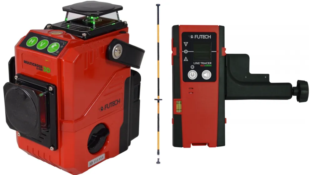 Futech 045.03D-P Laser croix verte MC3D + Poteau de support 330cm + récepteur linetracer rouge/vert