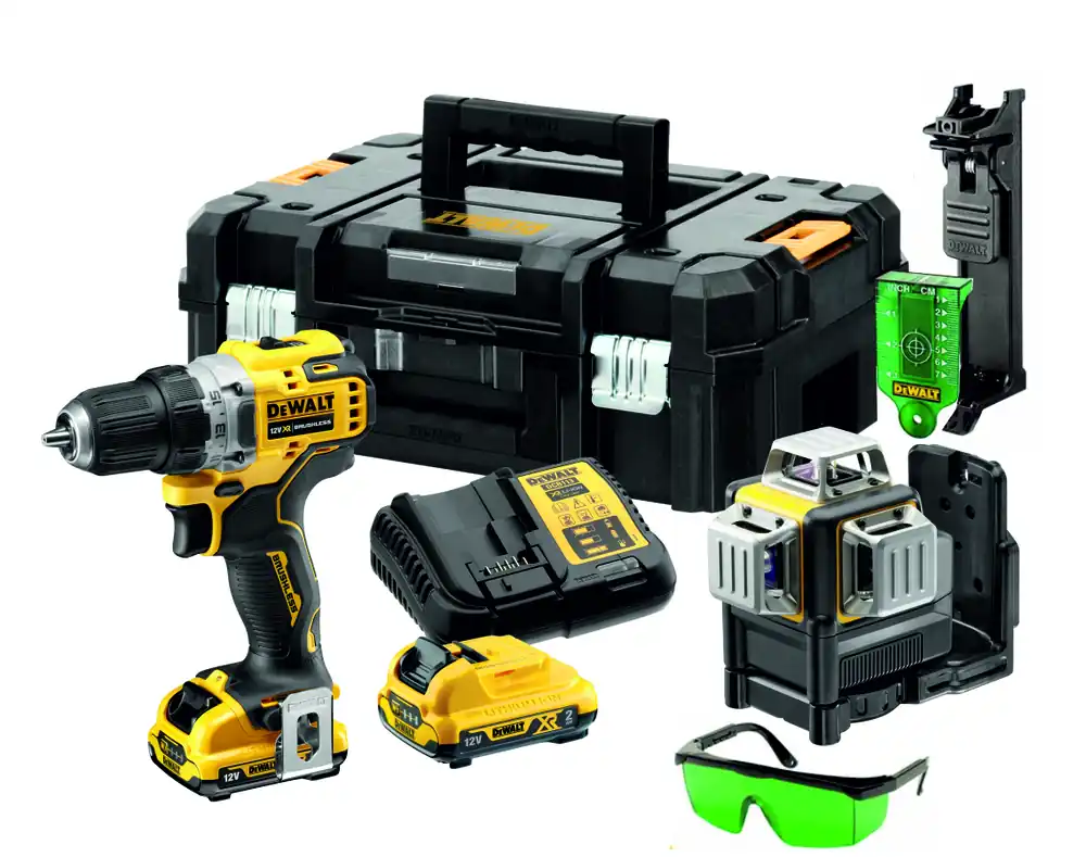DeWalt DCK212D2T-QW Jeu de tournevis de perçage DCD701 + DCE089 Laser à ligne transversale verte 12V 2.0 ah Li-Ion dans une mallette TSTAK