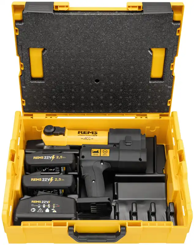 Rems 576013 R220 Tige de compression à batterie 22 V - Pack de base + 2 batteries de 2,5 Ah et chargeur rapide dans une L-Boxx