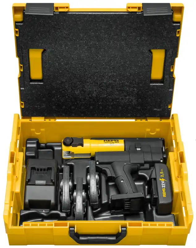 Rems 578030 R220 Mini-Press 22 V, pince à sertir sans fil avec jeu de mâchoires M15-18-22, 1 batterie 22 V 1,5 Ah et chargeur rapide dans un coffret L-Boxx
