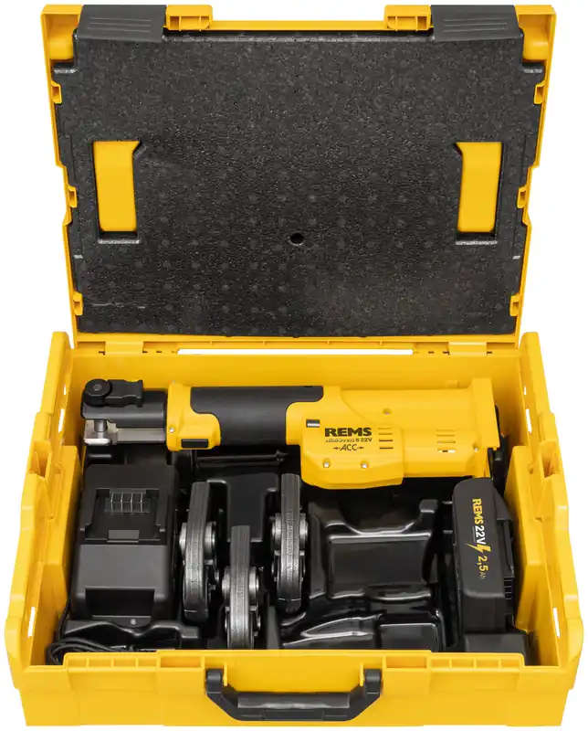 Rems 578041 R220 Mini-Press S 22 V, pince à sertir sans fil avec jeu de mâchoires TH16-20-26, 1 batterie 22 V 1,5 Ah et chargeur rapide dans un coffret L-Boxx