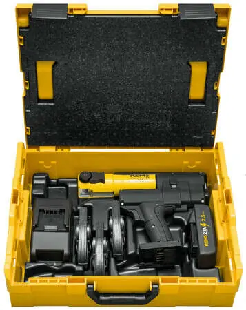 Rems 578087 R220 Mini-Press 22 V, pince à sertir sans fil avec jeu de mâchoires V 14-16-22, 1 batterie 22 V 2,5 Ah et chargeur rapide dans un coffret L-Boxx